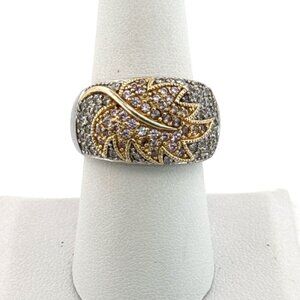 Vintage Esposito Sterling Silver 925 Leaf Ring w/ Diamonique, Size 8, 9.6g